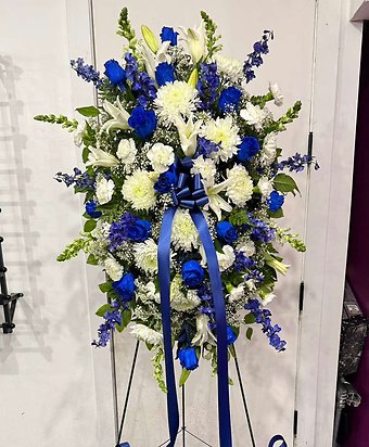 Blue Roses and white flowers Standing Spray