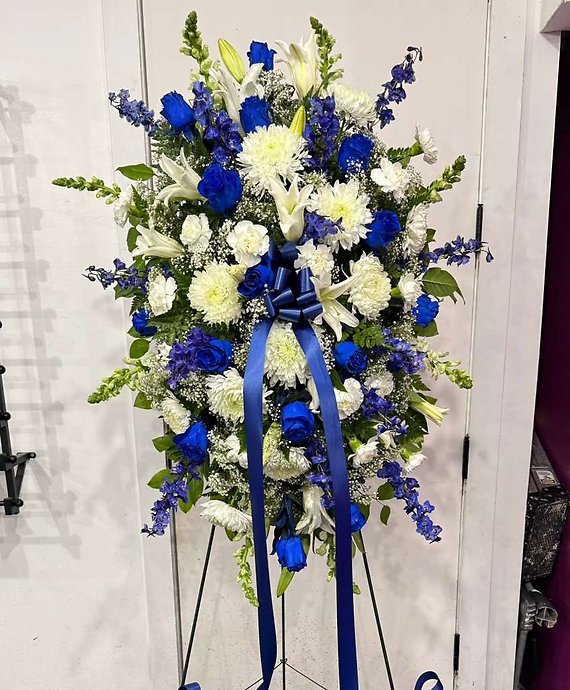 Blue Roses and white flowers Standing Spray