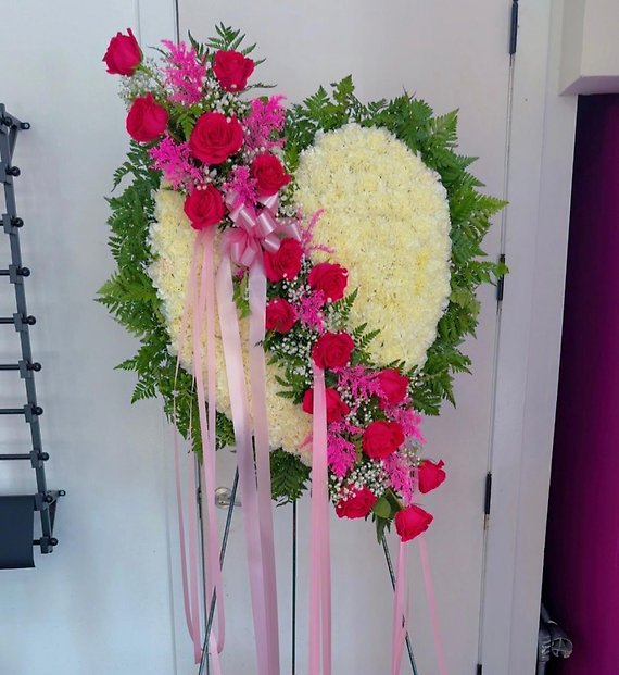 Pink and White Broken Heart Funeral Spray